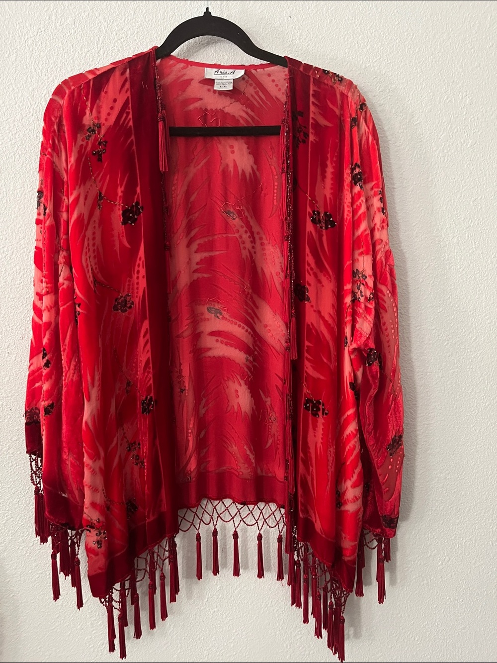 Anis-A Boho Silk blend  Red Beaded Fringe Kimono Cardigan
SZ L/XL